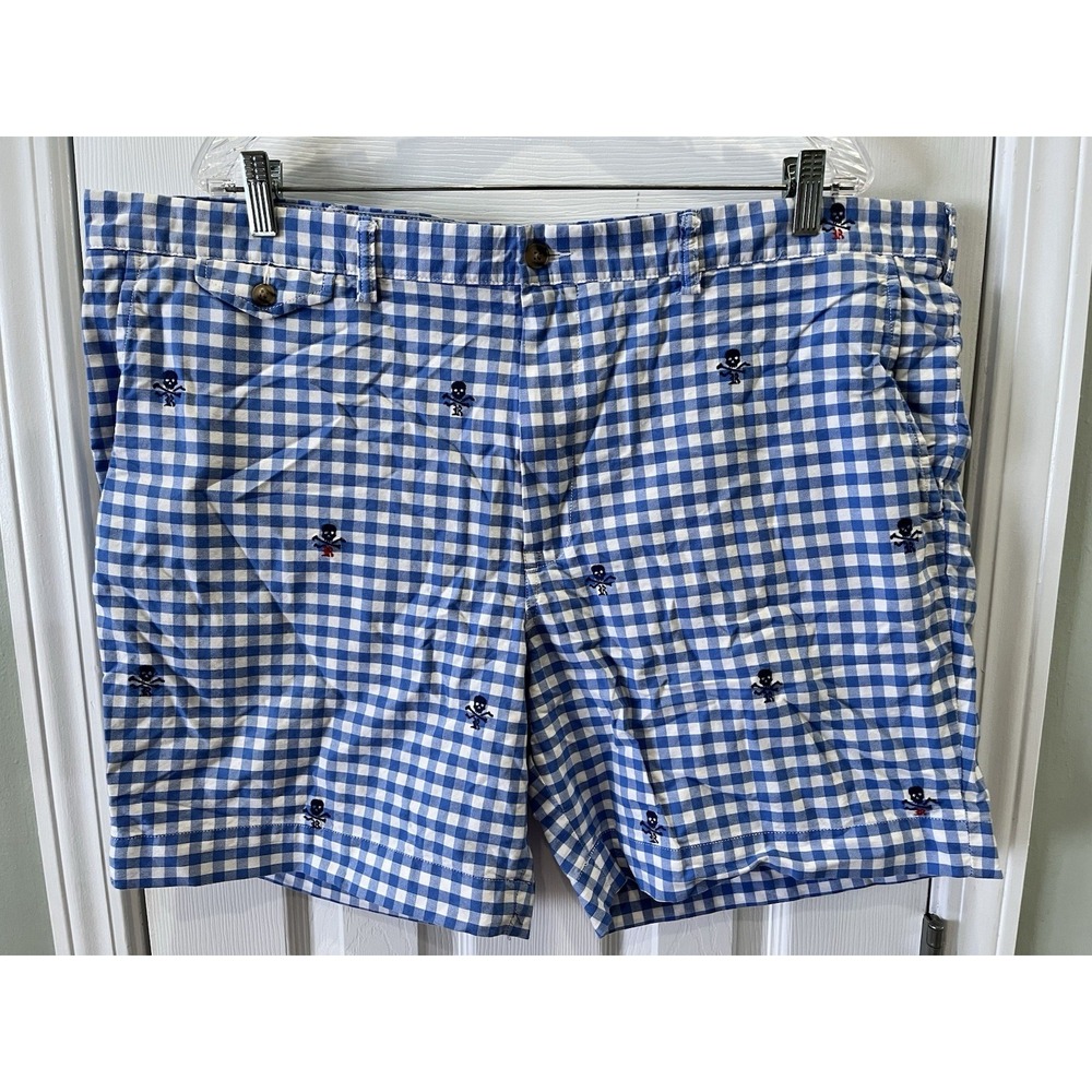 Polo Ralph Lauren Shorts Mens 42 Blue Gingham Skull Crossbones Straight Fit Prep